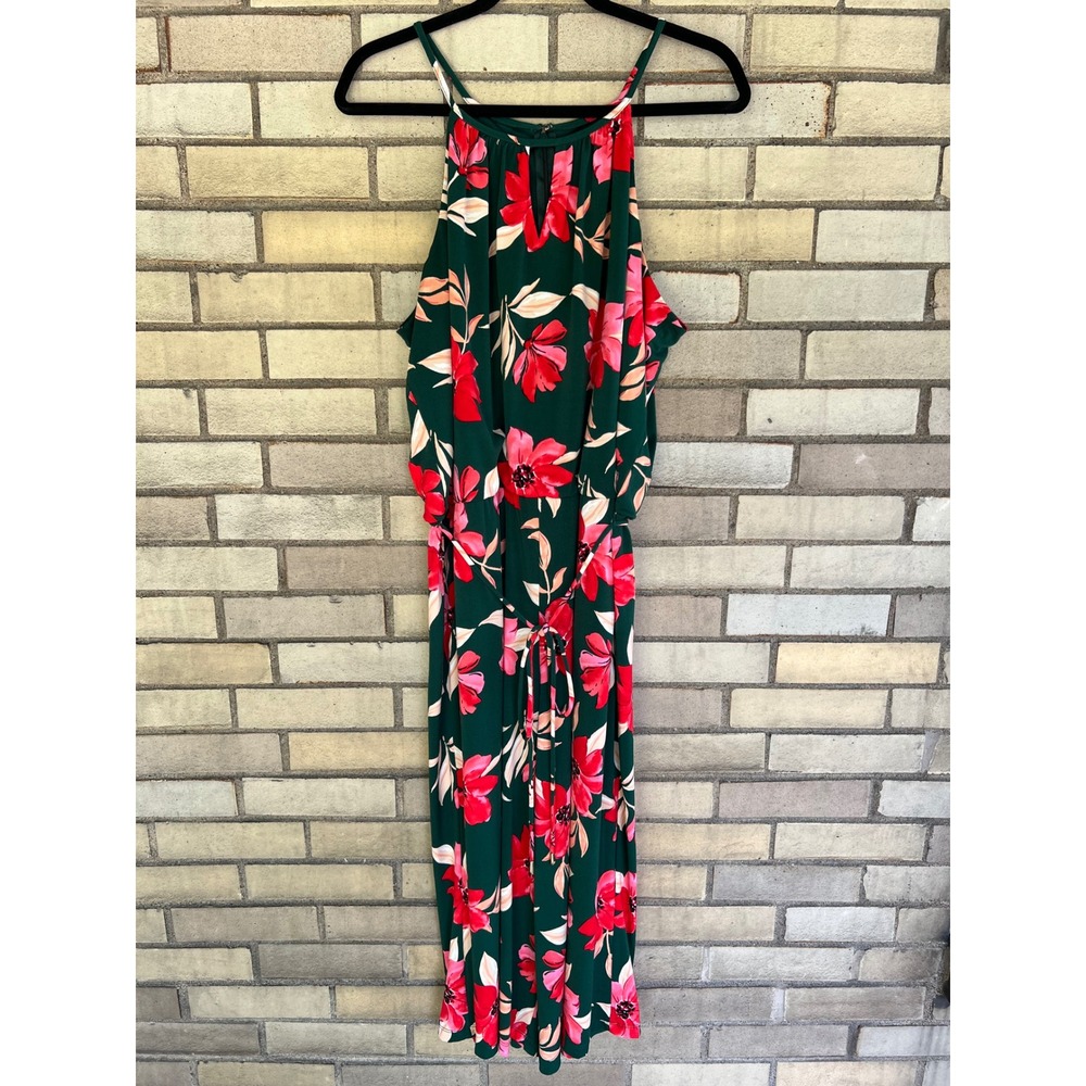 Maggy London Floral Halter Neck Cropped Wide Leg Jumpsuit Dark Green Red Size 14